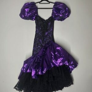 Loralie Vintage 80s Purple Metallic Puff Sleeve Prom Dress Lace Black Sz 4